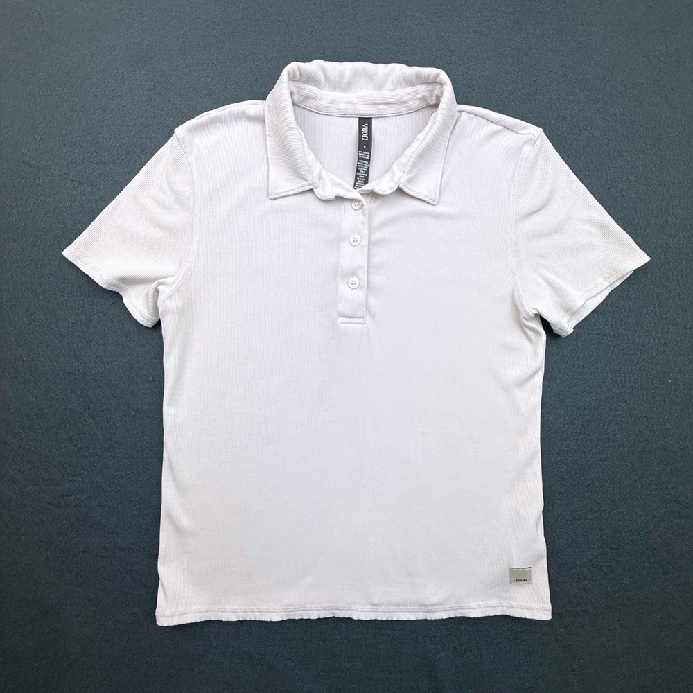 Vuori Pose Polo Shirt Women Large White Ribbed Knit Short Sleeve Athleisure